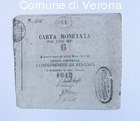Carta monetata di lire 6 della fortezza Commissione di Finanza di Palmanova